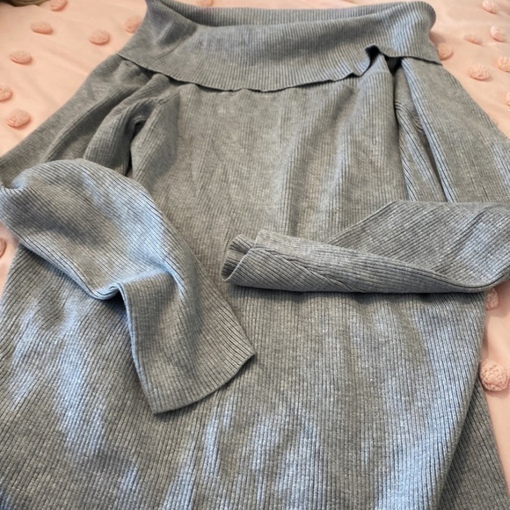 H& M ribbed heather grey viscose blend long sleeve slouched collar large